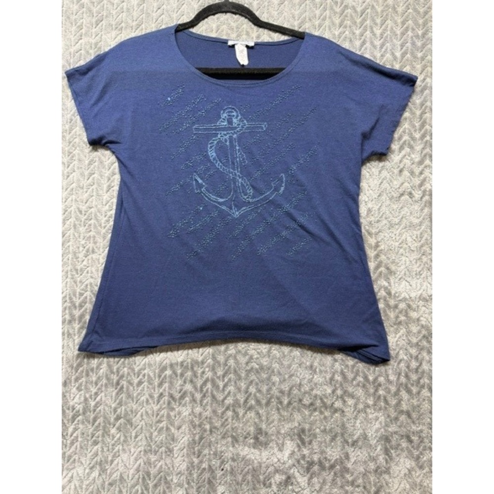 Forever Jade Womens Blue Anchor Graphic Beaded Short Sleeve T-Shirt Size L 0483